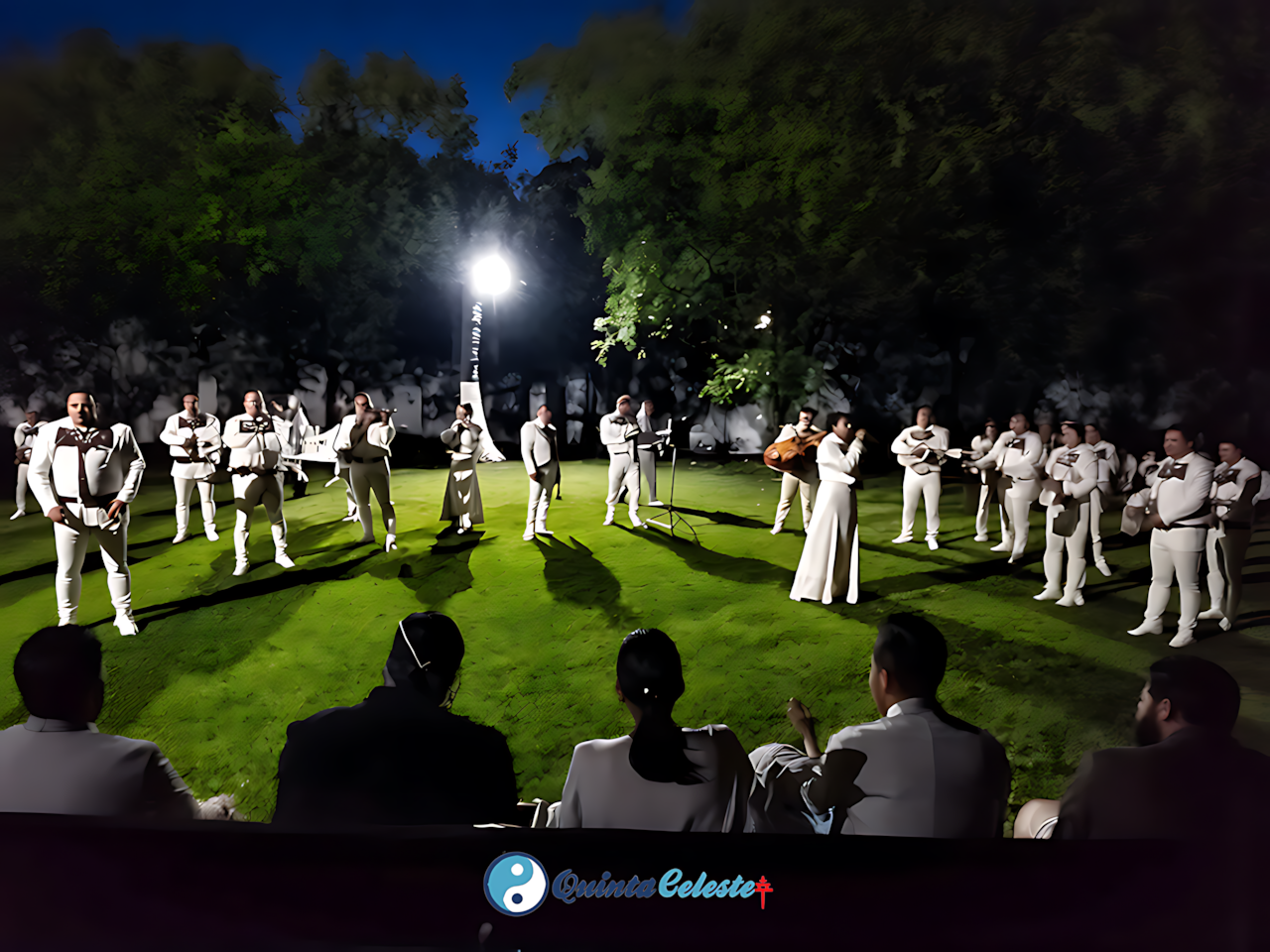 Grupo festivo con mariachi en evento privado en Quinta Celeste, renta de quintas para fiestas con música y ambiente mexicano.