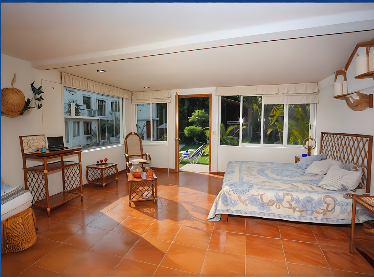 Habitación con acceso directo a la alberca climatizada en Quinta Celeste, experiencia tipo resort en renta privada de lujo.