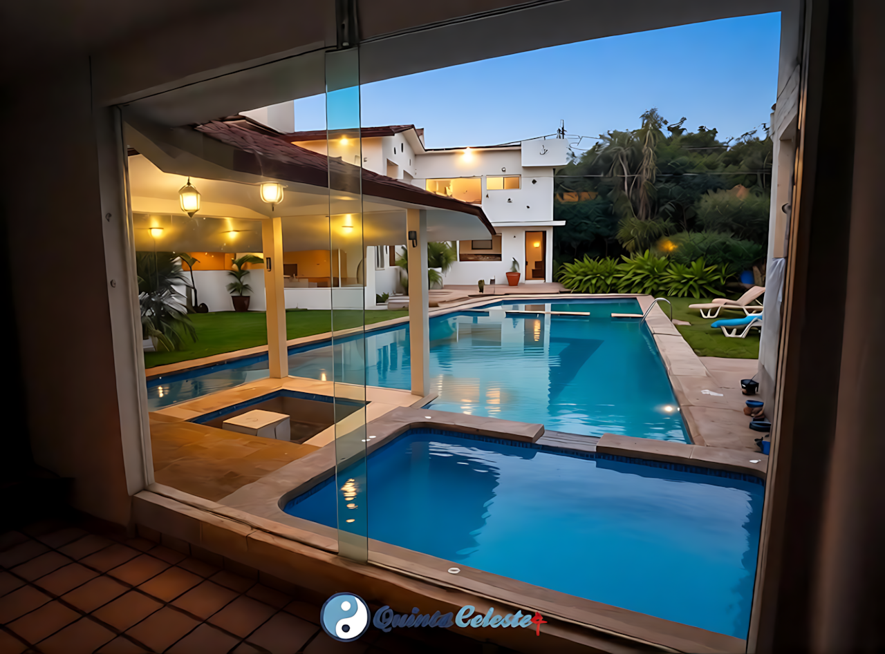 Jacuzzi espacioso e iluminado para 12 personas en Quinta Celeste, ideal para relax en eventos y rentas vacacionales.