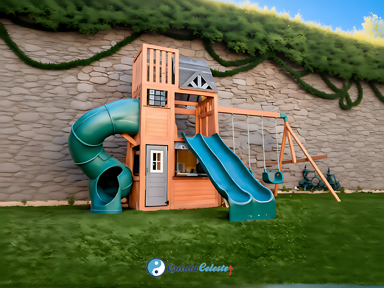 Parque infantil y casita del árbol en jardines de Quinta Celeste, quinta familiar segura con áreas para niños.