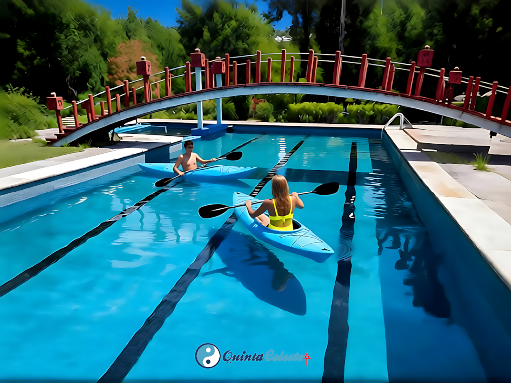 Alberca Semiolímpica y Kayaks | Actividad Acuática Extra Alberca semiolímpica grande con kayaks en Quinta Celeste, actividad acuática extra para eventos y estancias largas.