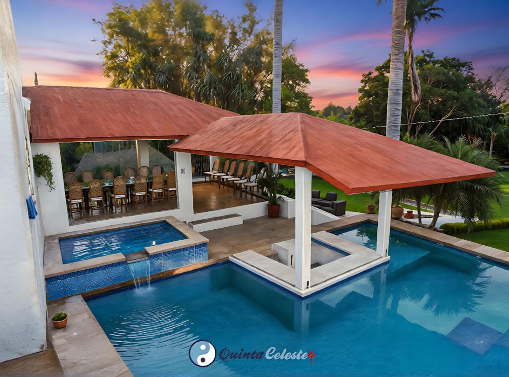 Jacuzzi con Bar Techado | Lujo y Servicio para Tu Evento Jacuzzi con área techada tipo bar en Quinta Celeste, servicio de barman para eventos privados y fiestas.
