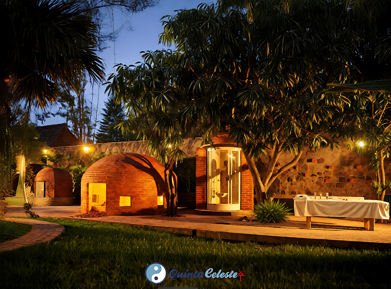 Temazcal tradicional iluminado de noche en Quinta Celeste, experiencia de spa y relajación profunda para eventos.