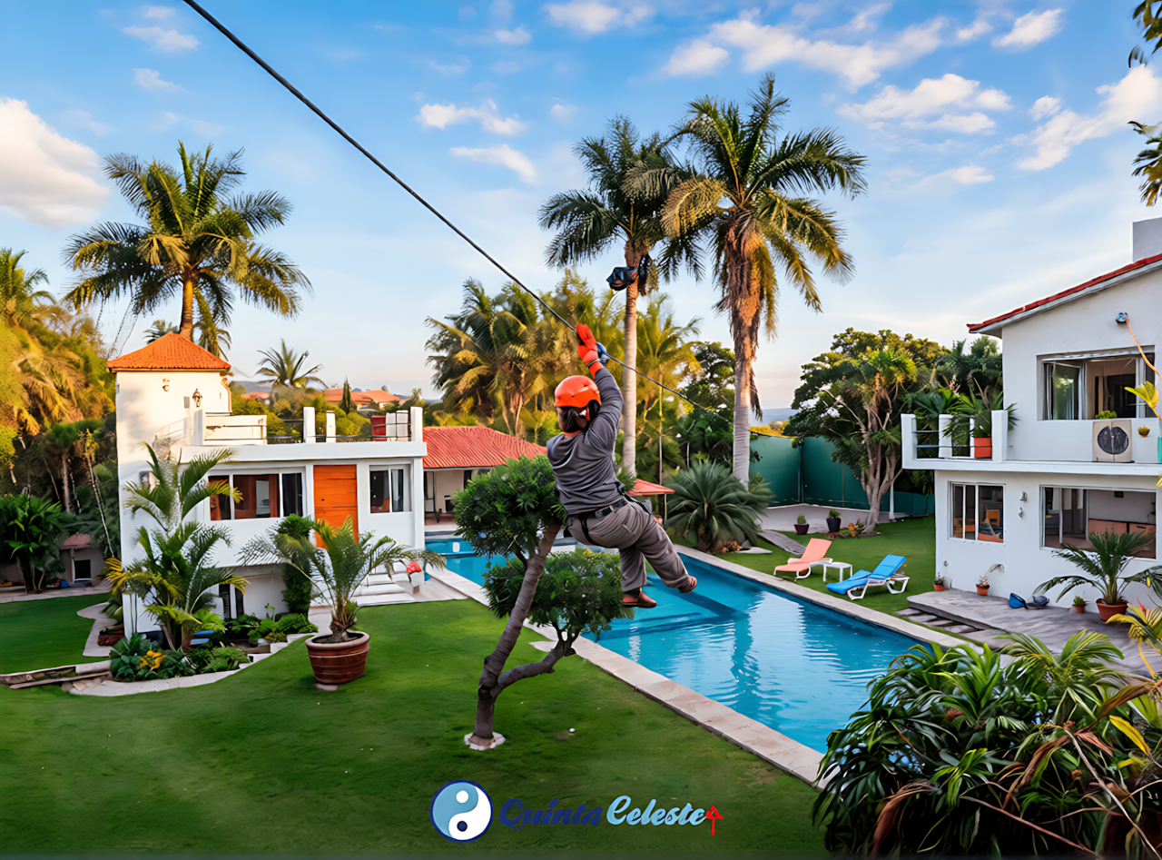Persona disfrutando de la tirolesa de 125m al atardecer en Quinta Celeste, aventura extrema en renta de quinta con actividades.