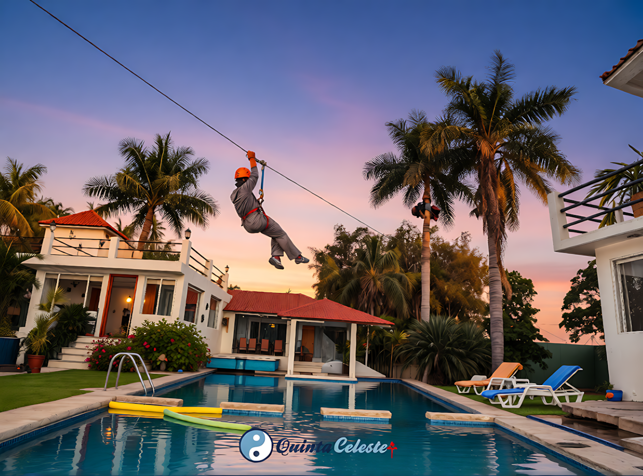 Persona disfrutando de la tirolesa de 125m al atardecer en Quinta Celeste, aventura extrema en renta de quinta con actividades.
