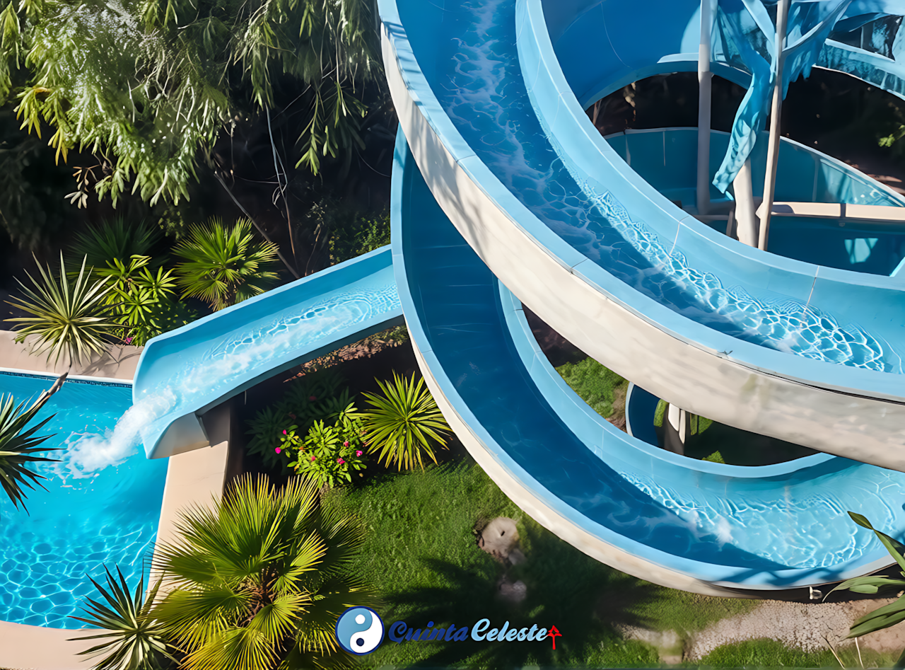 Vista cercana del impresionante tobogán acuático de 50m en Quinta Celeste, diversión acuática para todas las edades.