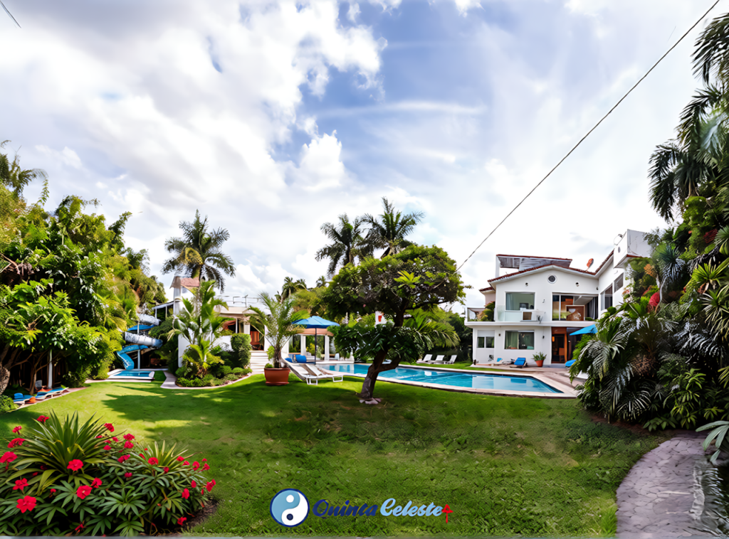 Armonía con la Naturaleza | Casas y Alberca en el Paisaje Panorámica a nivel de piso de las casas y alberca en Quinta Celeste, integración con el entorno natural.